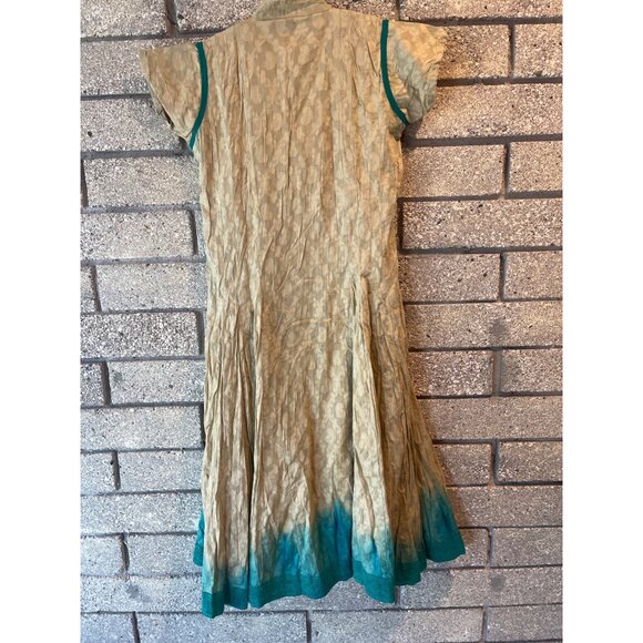 Vintage Beige & Teal Button-Front Dress With Embroidered Floral Patterns & Cap S - Picture 11 of 13